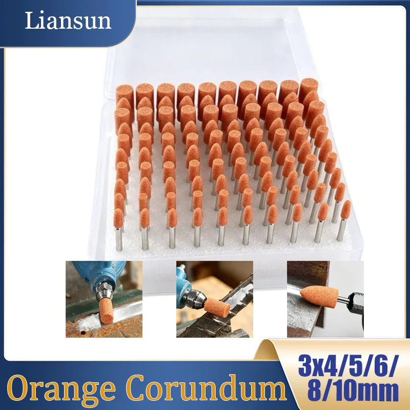 100PCS/Box Orange Corundum Grinding Wheel Grinding Head 3mm Shank Cylindrical/Peach Shaped Grinding Head Suitable for Deburring
