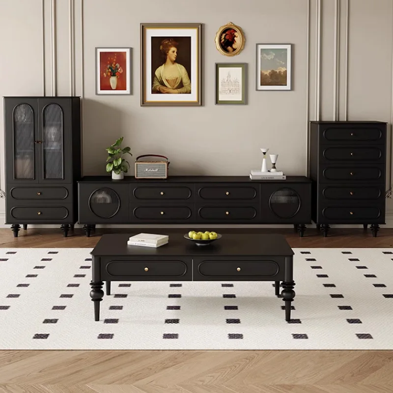 French retro TV cabinet coffee table combination living room new medieval black TV cabinet household solid wood floor cabinet
