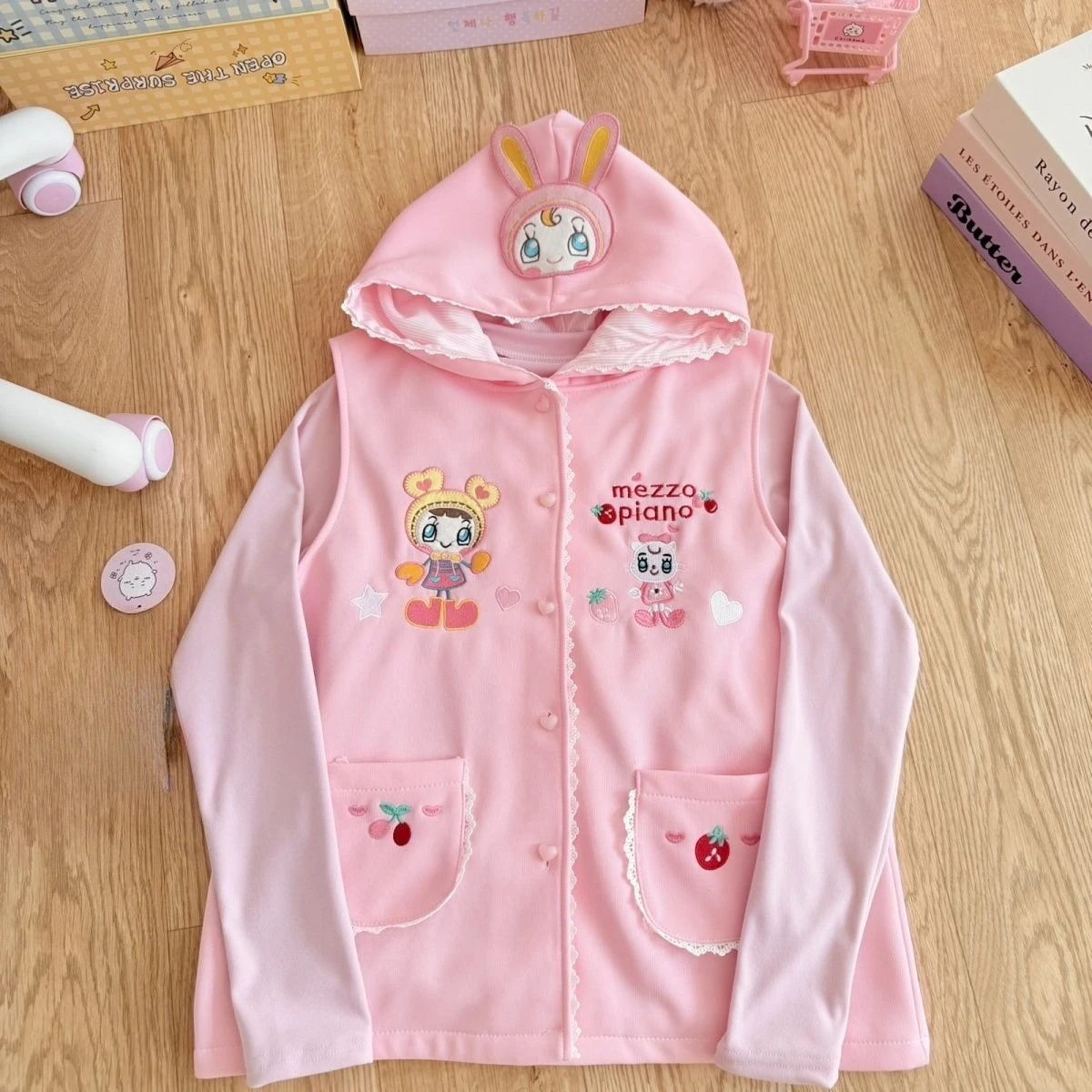 

Pink Rabbit Ear Hooded Vest Cartoon Embroidery Lace Pocket Y2K Two-Piece Set Japanese Sweet Girl Spring Autumn Outfit 2026 Sweet