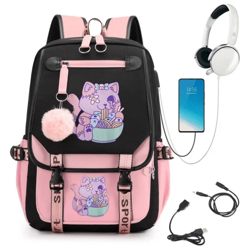 Ransel Anime untuk wanita ransel kartun Pastel Goth kucing makan Ramen ransel remaja tas sekolah siswa tas Travel perempuan