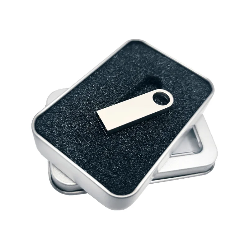 10 ชิ้น/ล็อตโลหะเงินมินิ USB2.0 แฟลชไดรฟ์ 4GB 8GB 16GB 32GB 64GB 128GB และกล่องโลหะฟรีโลโก้ที่กำหนดเอง