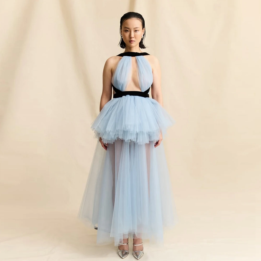 Elegante vestido maxi de tule azul claro com cintura preta sexy sem costas em camadas de malha formal vestidos de festa babados inchados vestido de baile