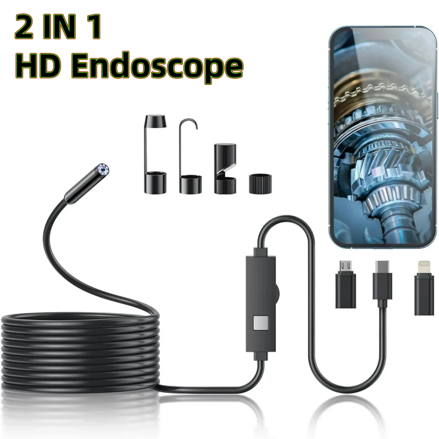 2IN1 2MP 5 Meters Endoscope For Android/IOS Micro USB Type C Mini Inspection Borescope Waterproof Camera for Iphone Ipad Android