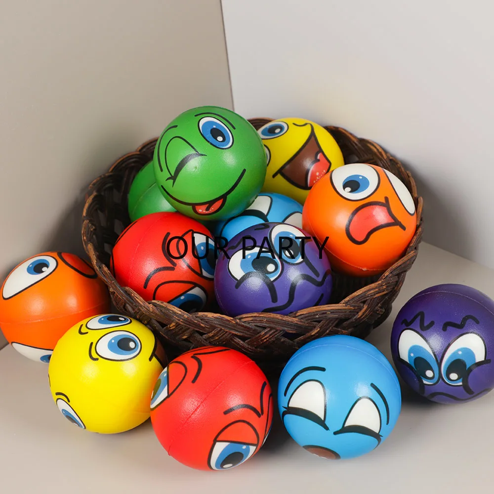 12Pcs Cartoon Face Soft PU Bouncy Ball Stress Reliver Toys for Kids Birthday Party Favors Baby Shower Gifts Pinata Fillers