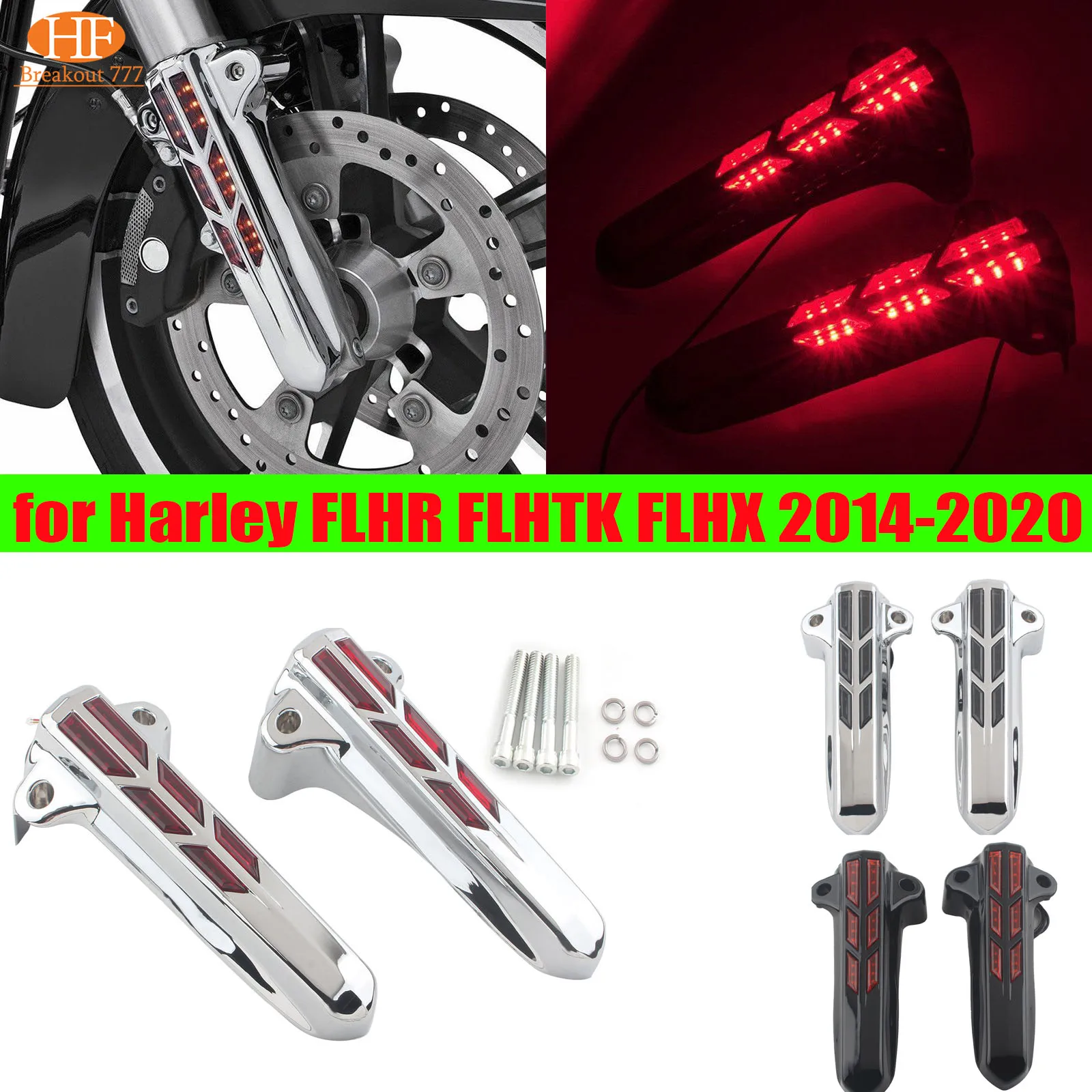 

For Harley FLHR FLHTK FLHX 2014-2020 Motorbike LED Red Light Front Fork Lower Leg Covers Smoke Red Light Slider ABS