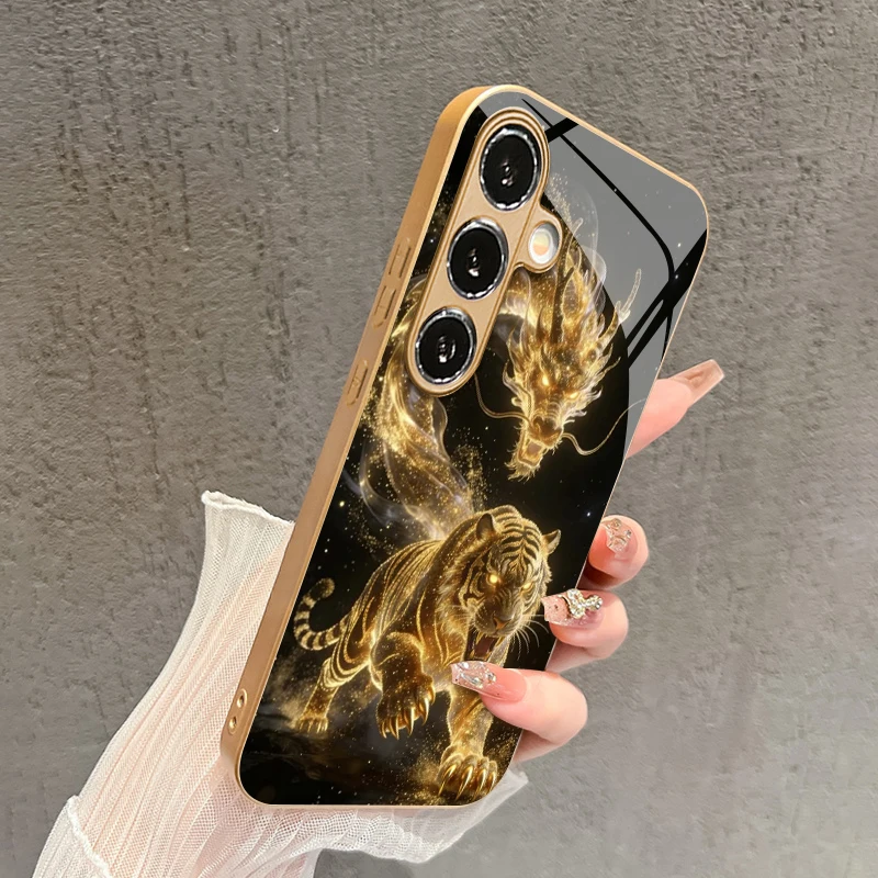 Dragon Tiger Leaping Pattern 2D Phone Case for Samsung S26 S25 S24 S23 S22 S21 S20 A56 A55 A36 16 Gold Glass Protective Cover view 3
