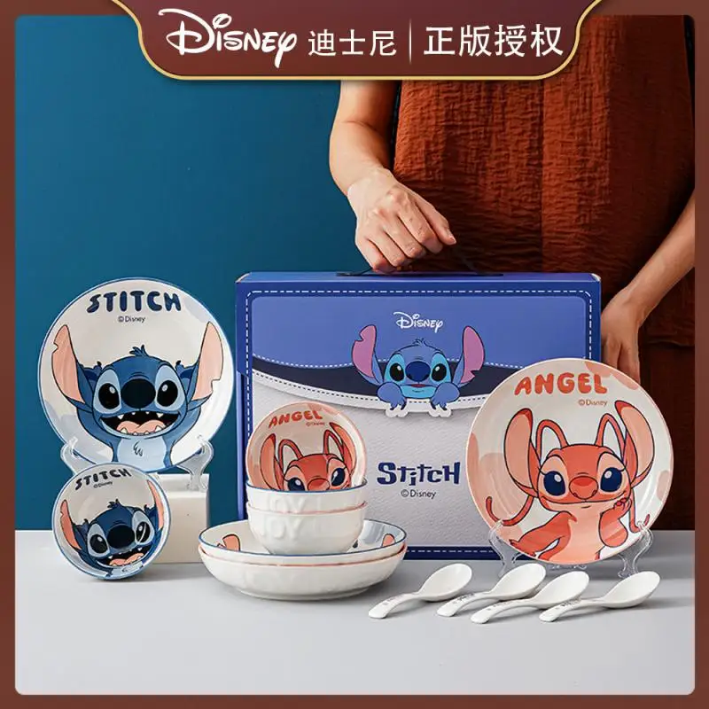 

Набор керамической посуды Disney Stitch Angel: милая мультяшная тарелка, миска, ложка для ежедневного использования дома, креативный подарочный набор на Новый год и праздники