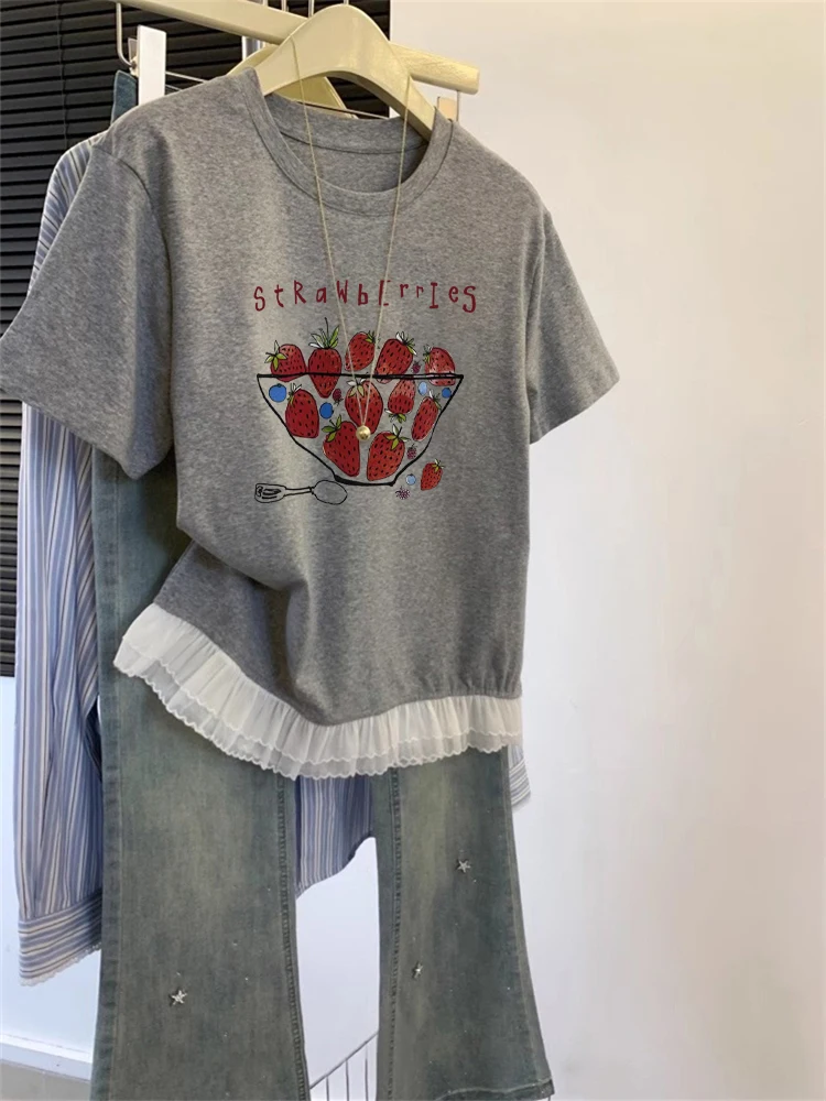 

Retro ey Print ort Sve T-irt round Ne ex Summer Unique Hem Splicing Casual Top for Women Moisture ng