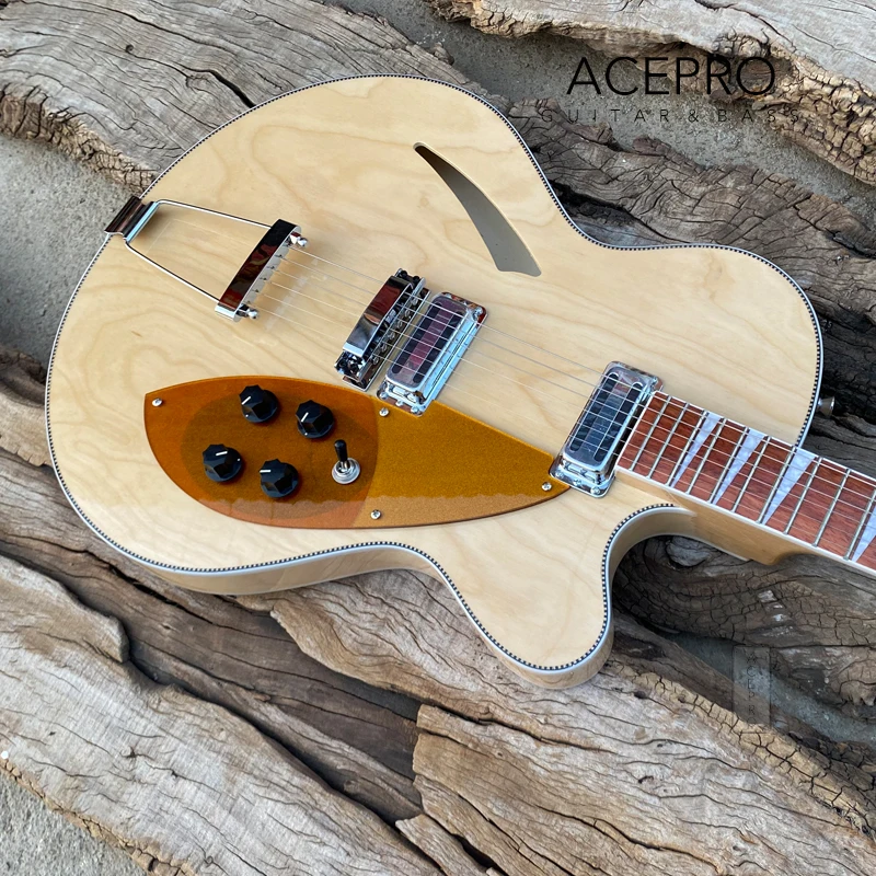 6 String Full Hollow Body Electric Guitar Natural Color Rosewood Fingerboard Gold Pickguard 360 370 Guitarra