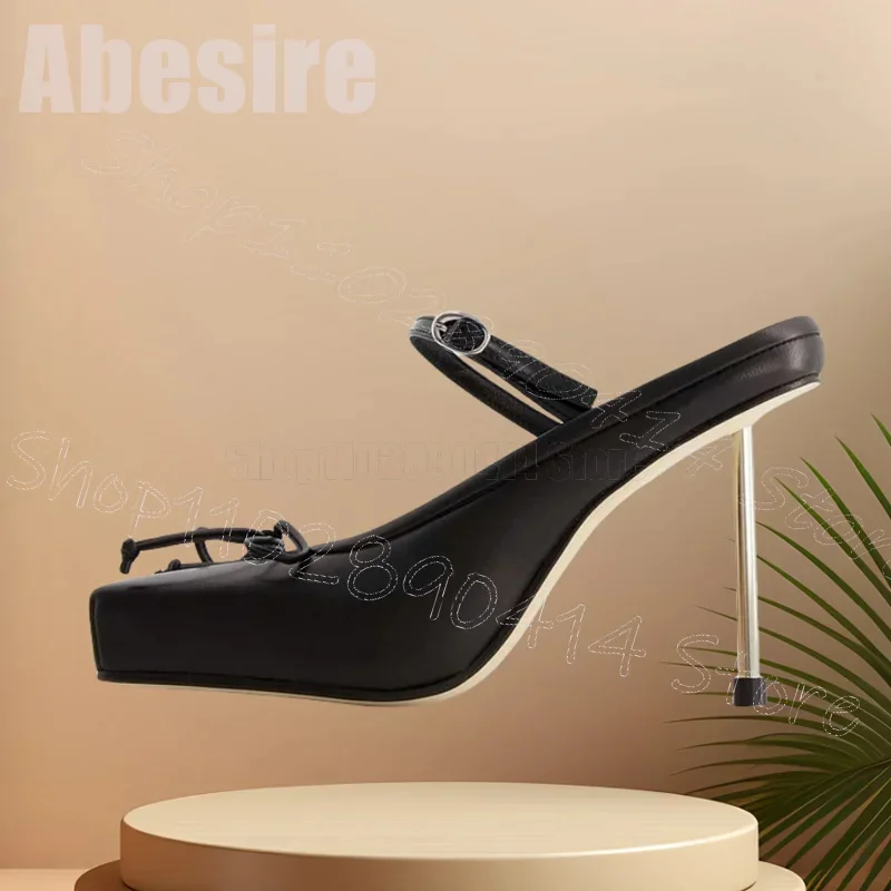 Black Bow Knot Square Toe Metal Heel Pumps Buckle Strap Women Shoes Thin High Heels Party Feast Dating 2025 Zapatos Para Mujere