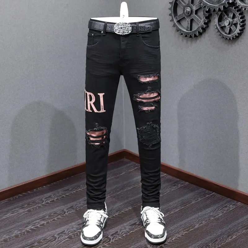 

High Street Fashion New Black Jeans, Washed, Stretch, Slimming, Broken Hole, Red Patch Jeans, Patched Leather, Hip Hop Brand Pan