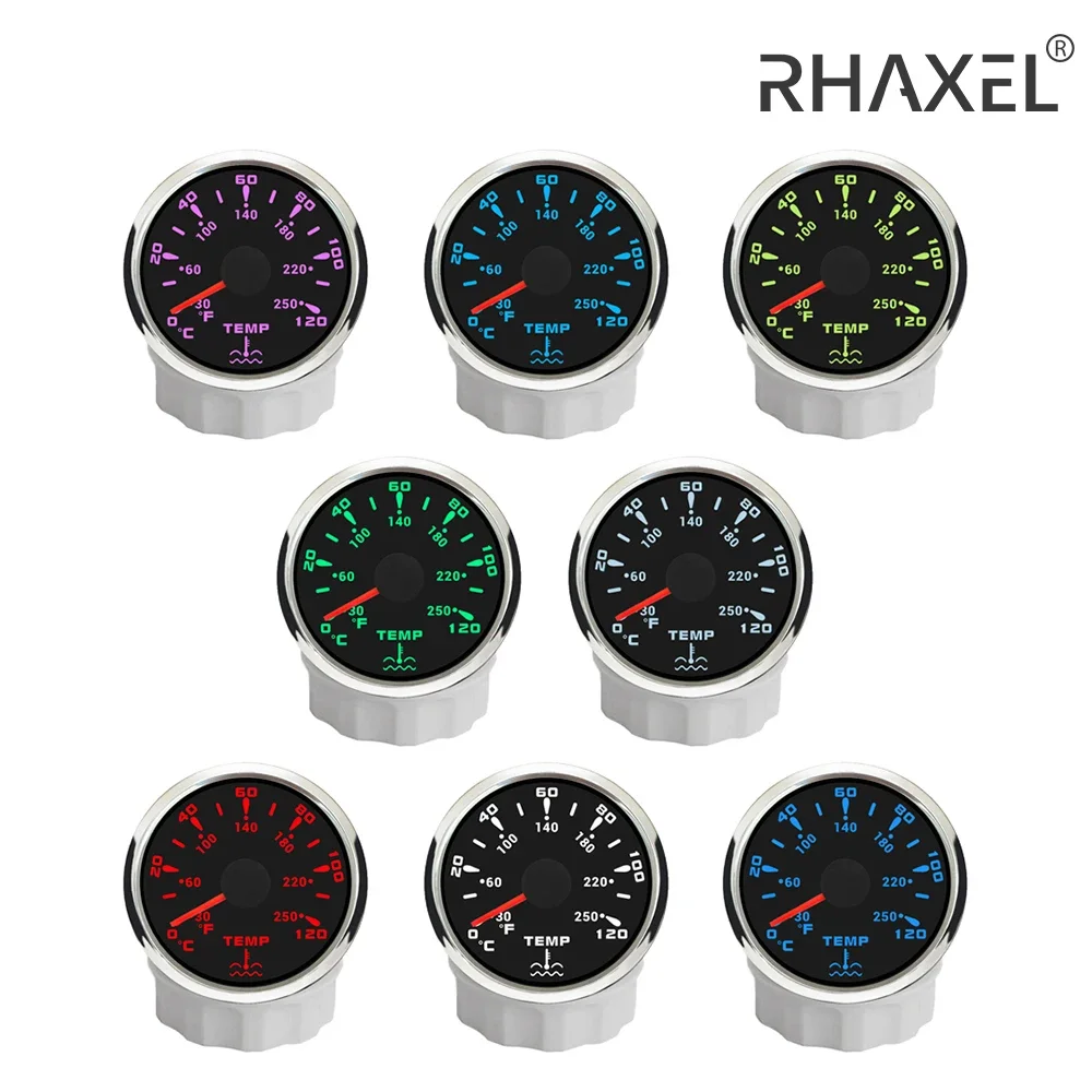 

RHAXEL 52 мм 2-дюймовый датчик температуры воды 0-120 ℃ Индикатор с 7-цветной подсветкой 12 В 24 В для автомобильных судов мотоциклов