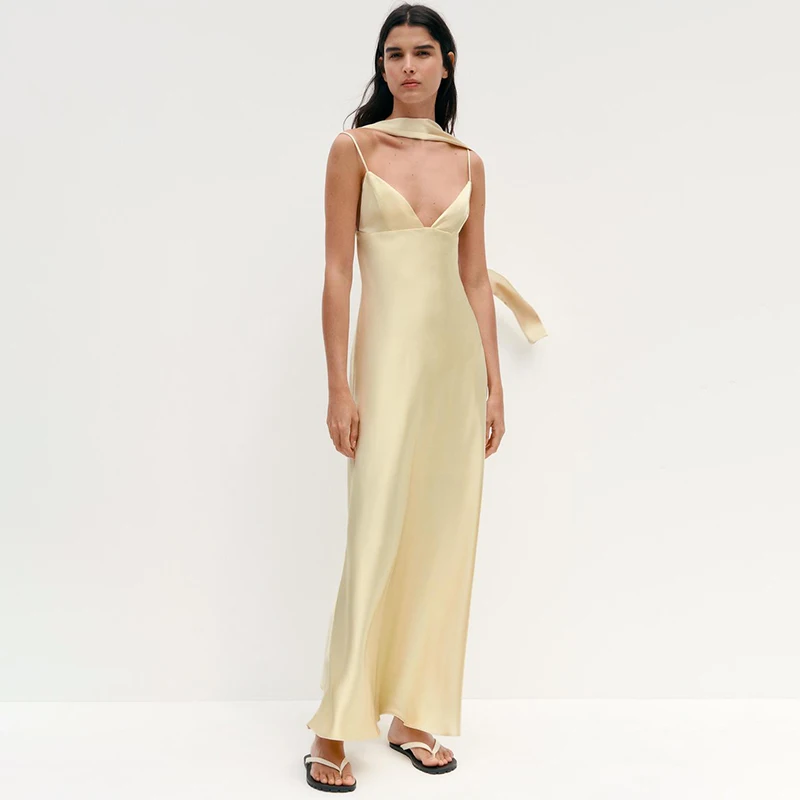 Ticketsx Scarf Satin Dress Women's Sexy V Neck Sleeveless Backless Yellow Slip Dress Summer 2025 Female Evening Party Slim Dress