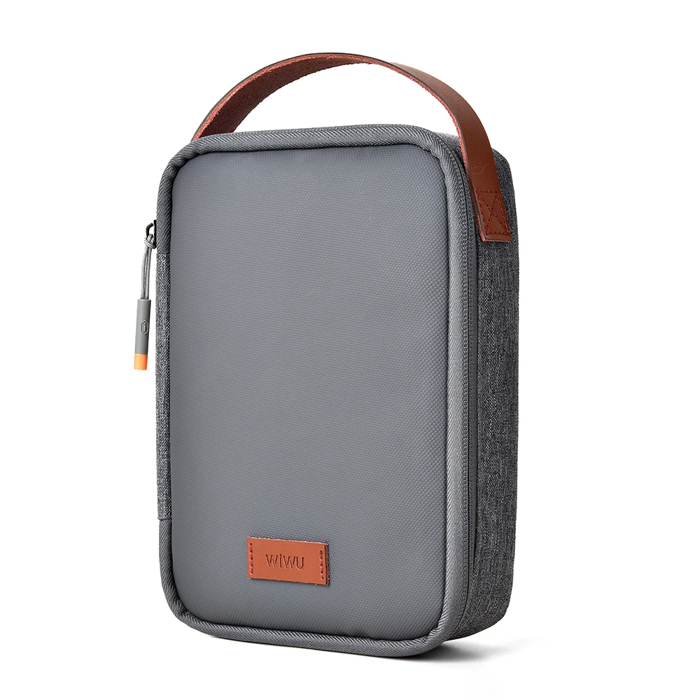 WiWU Travel Electronic Organizer Case for MacBook Power Adapter Charger Cables Power Bank Tech Pouch Leather Handle Portable Bag