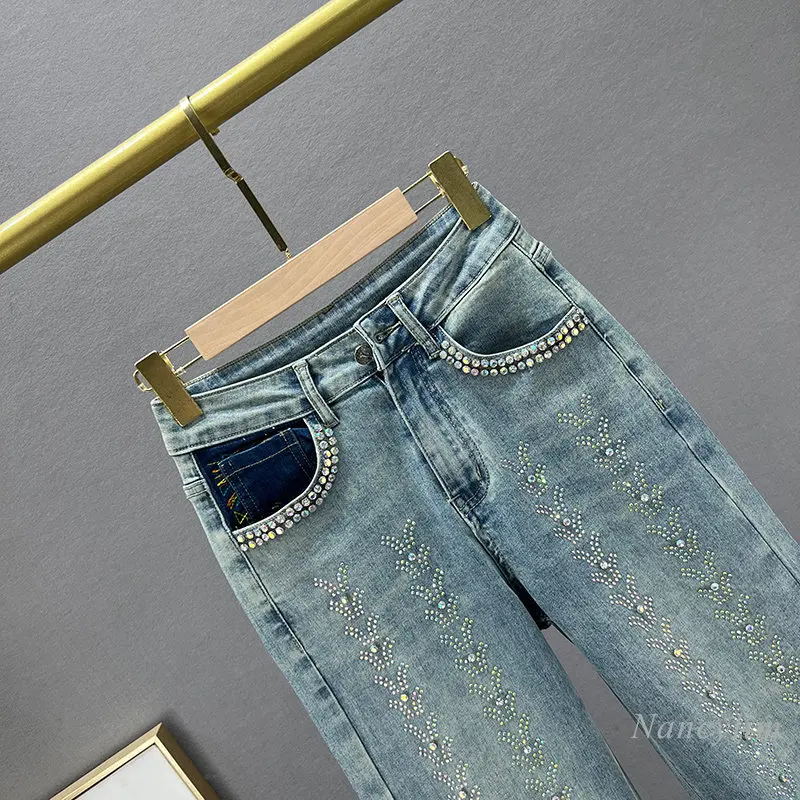 Heavy-Duty Jeans for Women 2023 Trendy New Summer Fall High Waist Loose and Slimming Diamond-Embedded Mop Pants Denim Trousers