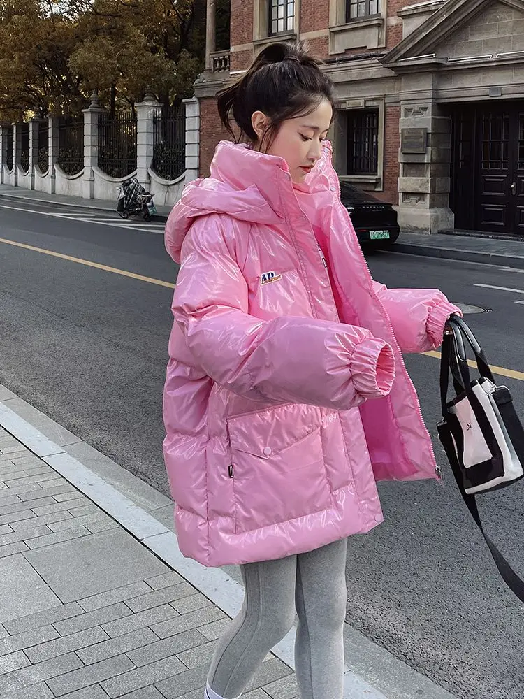 Alta qualidade quente inverno mulher jaqueta com capuz parka engrossado puffer jaqueta para baixo casaco de algodão coreano à prova vento outerwear rosa