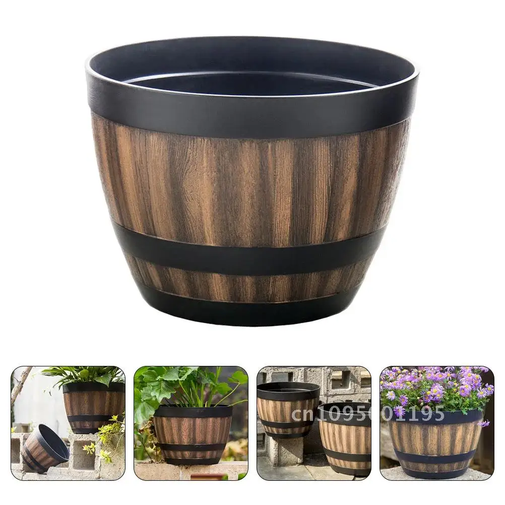 Imitation Wooden Flower Pot Large Capacity Retro Bonsai Barrel Plastic Garden Yard Decoration Planter Bucket