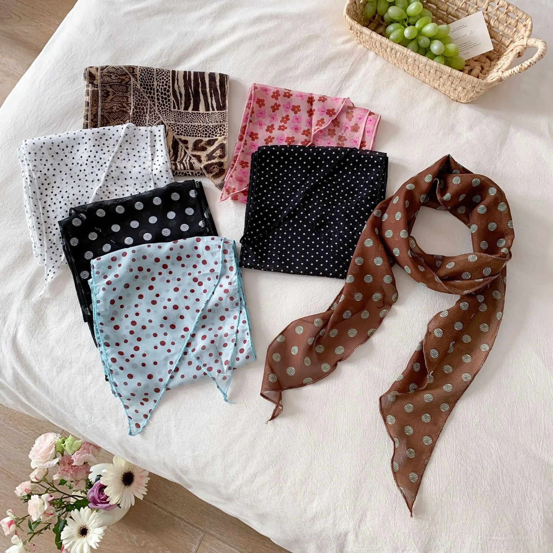 Scarf Chiffon Polka Dot Leopard Print Long Narrow Lightweight Multicolor Women Neck Protection Decoration Versatile Ribbon