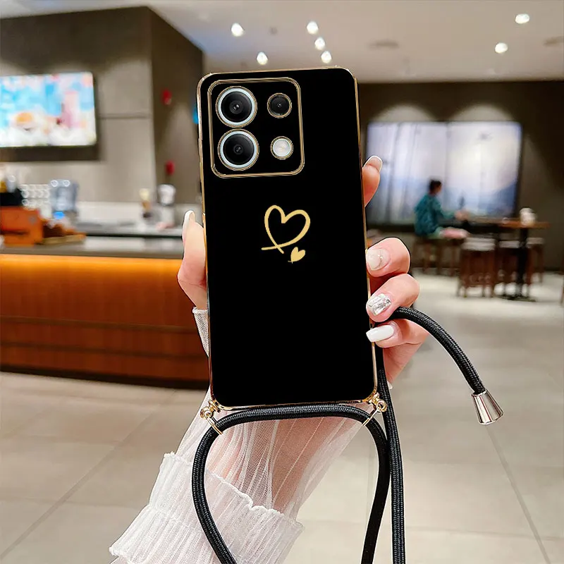 Note 13 Exquisite Heart Lanyard Plating Phone Case For Xiaomi Redmi Note 13 13Pro Shatterproof Redmi Note 13 ProPlus Back Cover