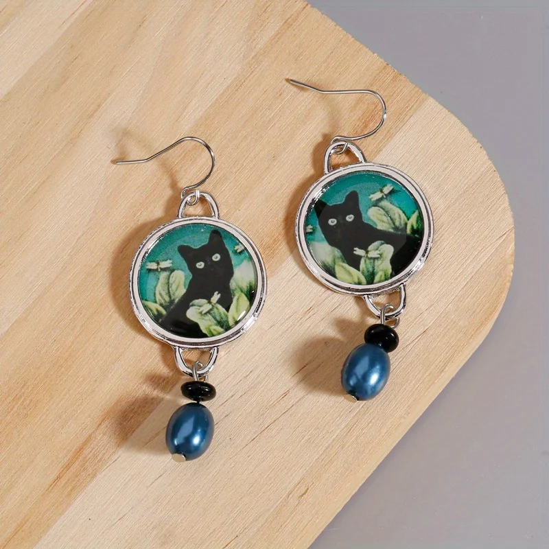 Vintage Round Black Cat Earrings for Women Ethnic Antique Silver Color Painting Green Leaves Blauwe Parel Dangle Earrings