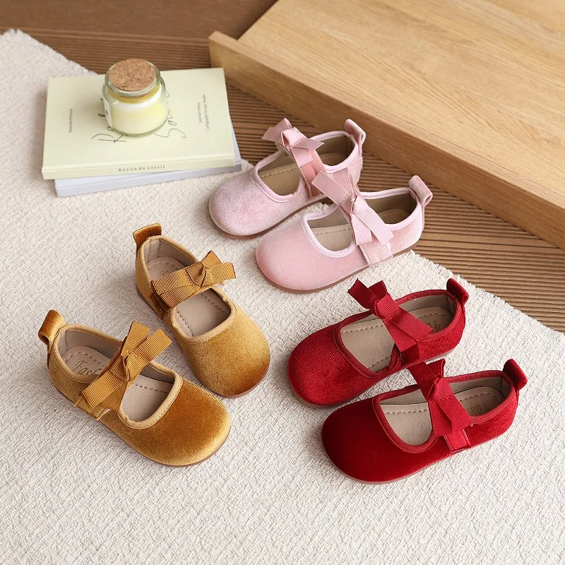 

Spring Autumn Children Mary Jane Shoes Bow Sweet Girls Leather Shoes Lolita Wedding Party Kids Ballet Suede Flat Shoes Non-slip