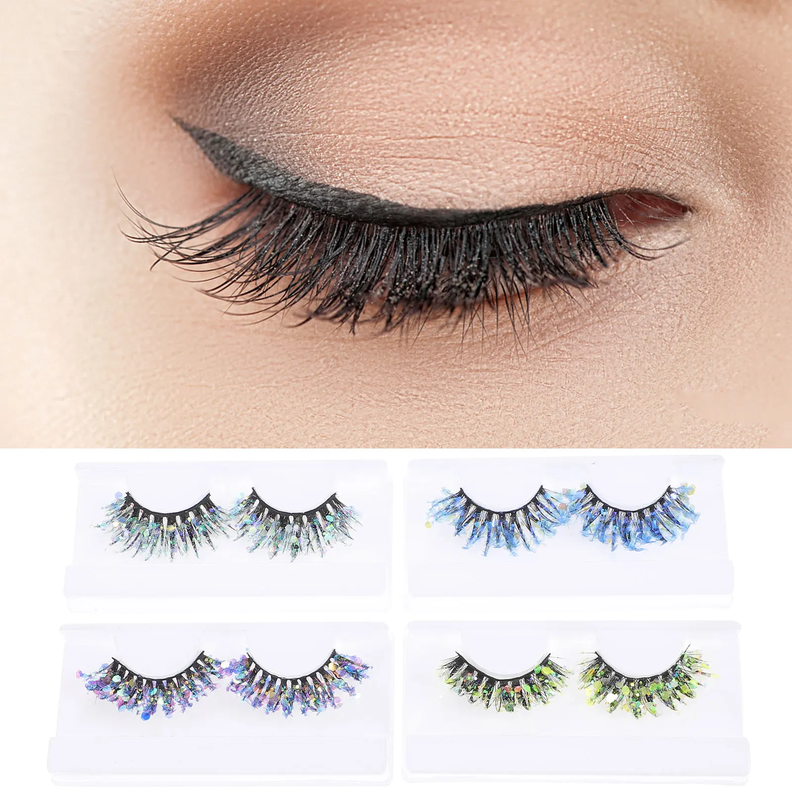 

4Pairs False Eyelashes Colored Glitter Thicker Lashes Cosplay Fashion Makeup Party Faux Lashes Glitter Eyelashes