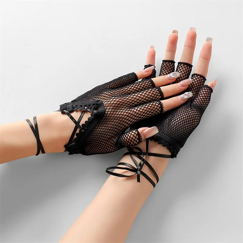 Long Black Fishnet Gloves Halloween Women Sexy Mesh Lace Fingerless Gloves Girls Dance Gothic Punk Rock Festival Gloves Mittens