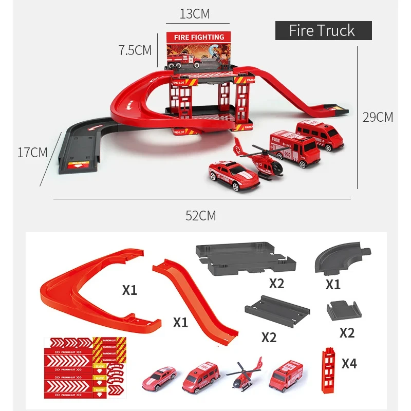 Coche de pista para niños, juguete deslizante, pista de una sola capa, motor de bomberos, dinosaurio, estacionamiento, juguete, juego de simulación, regalo para niños y niñas