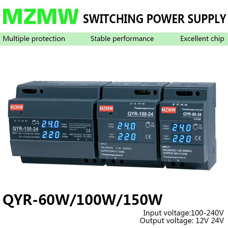 QYR-60W zasilacz 100W 150W z diinem na szynę 12 AC-DC 24V z cyfrowym wyświetlaczem W kształcie kroka dla listwa oświetleniowa LED