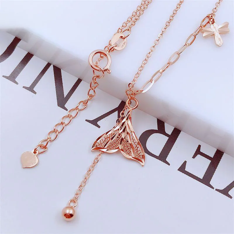 585 Purple Gold Sparkling Hollow out Fish Tail Pendant Exquisite Fashion Plating 14K Rose Gold tassel Long choker Chain Jewelry