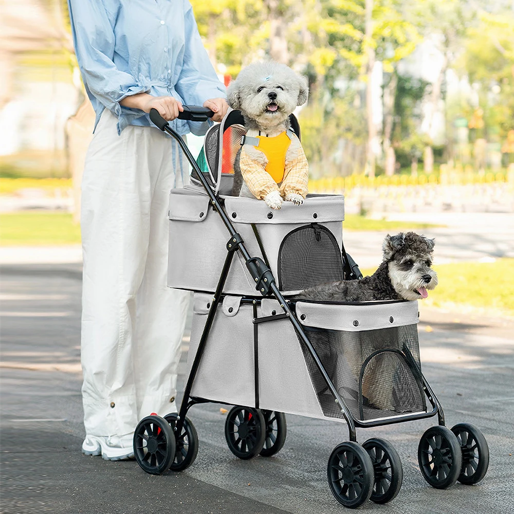 Hundewagen für Hunde, Katzen und Haustiere, Doppelschicht, faltbarer Haustierwagen für 2 Haustiere, atmungsaktives Oxford-Material, Braun/Schwarz/Grau – Detail 1