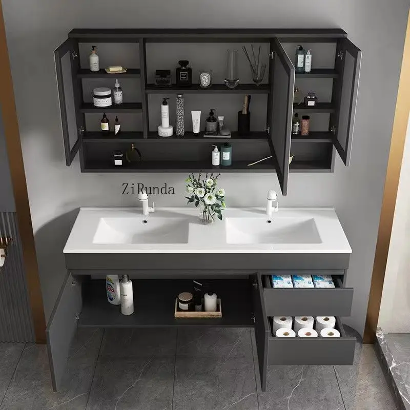 Mobiletto da bagno con doppio lavabo, moderno e lussuoso, grande mobiletto da bagno integrato con doppio lavabo