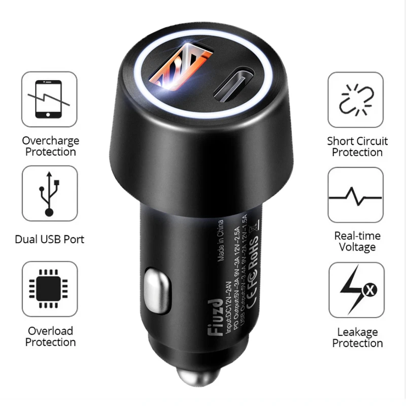 

Car Charger Type c car charger fast charging usb a Socket PD3.0 & QC3.0 Double USB C Ports with LED Fast Charging