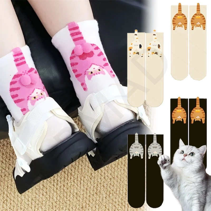 

2025 New Cartoon Cat Tinkerbell Egg Socks Women Summer Cotton Japanese Cute Quirky Mid Calf Outside Socks