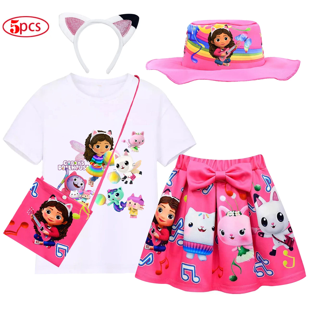 Gabby's Dollhouse Girls Clothes Sets Cute Cats-tastic Tops+Bow Cartoon Print Skirt+Bag+Headband+Hat 5pcs Children Clothing Suit