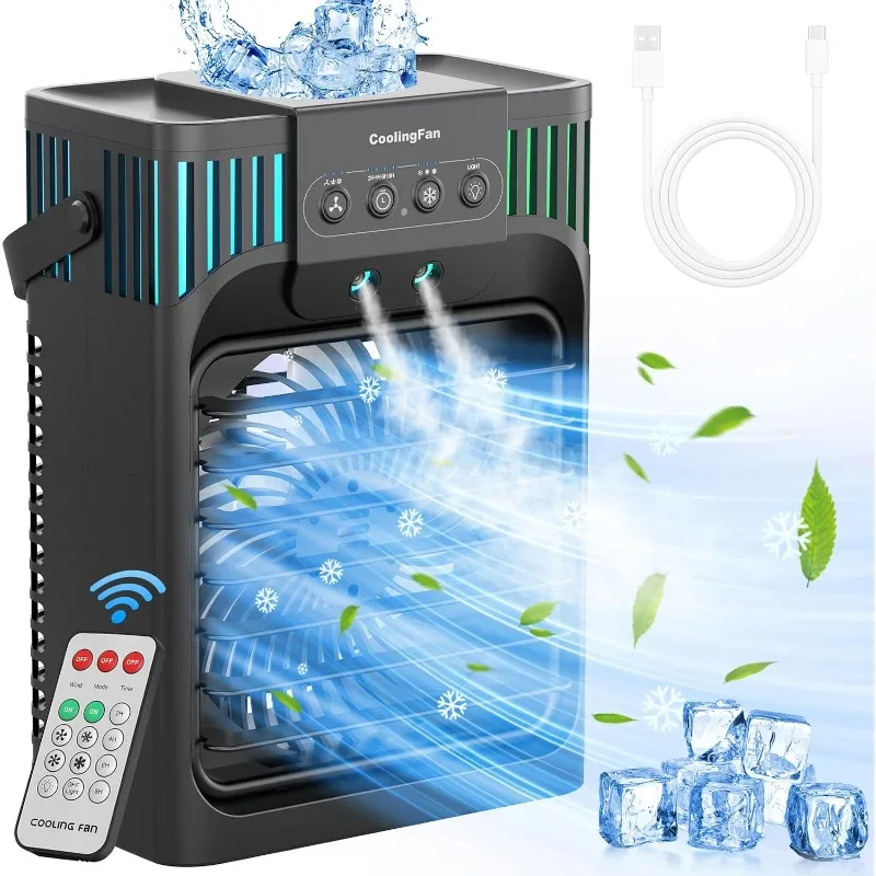 Aire acondicionado portátil, evaporativo enfriador de aire con control remoto, 3 velocidades, humidificación y 7 luces LED, temporizador de 2-8H, ventilador de refrigeración de 1200ML, Mini