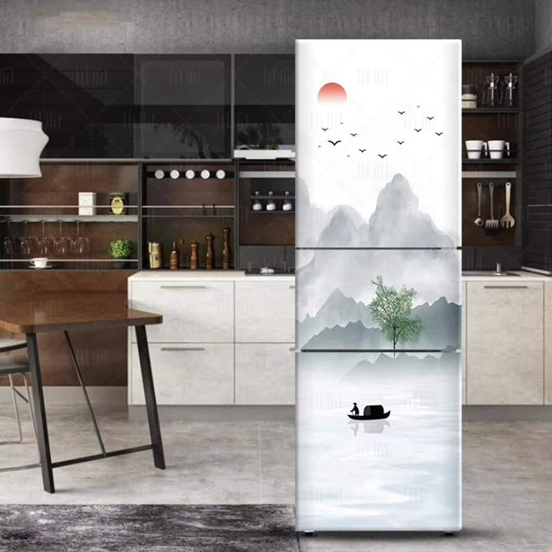 Chinese Style Refrigerator Door Sticker Self Adhesive Waterproof 3D Wallpaper Fridge Door Wrap Mural Cover Home Kitchen Decor