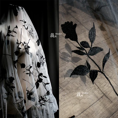 Black Rose Gray Perspective Mesh Fabric Embroidered Curtain Dress Retro Style Han Clothing Designer Fabric for patchwork