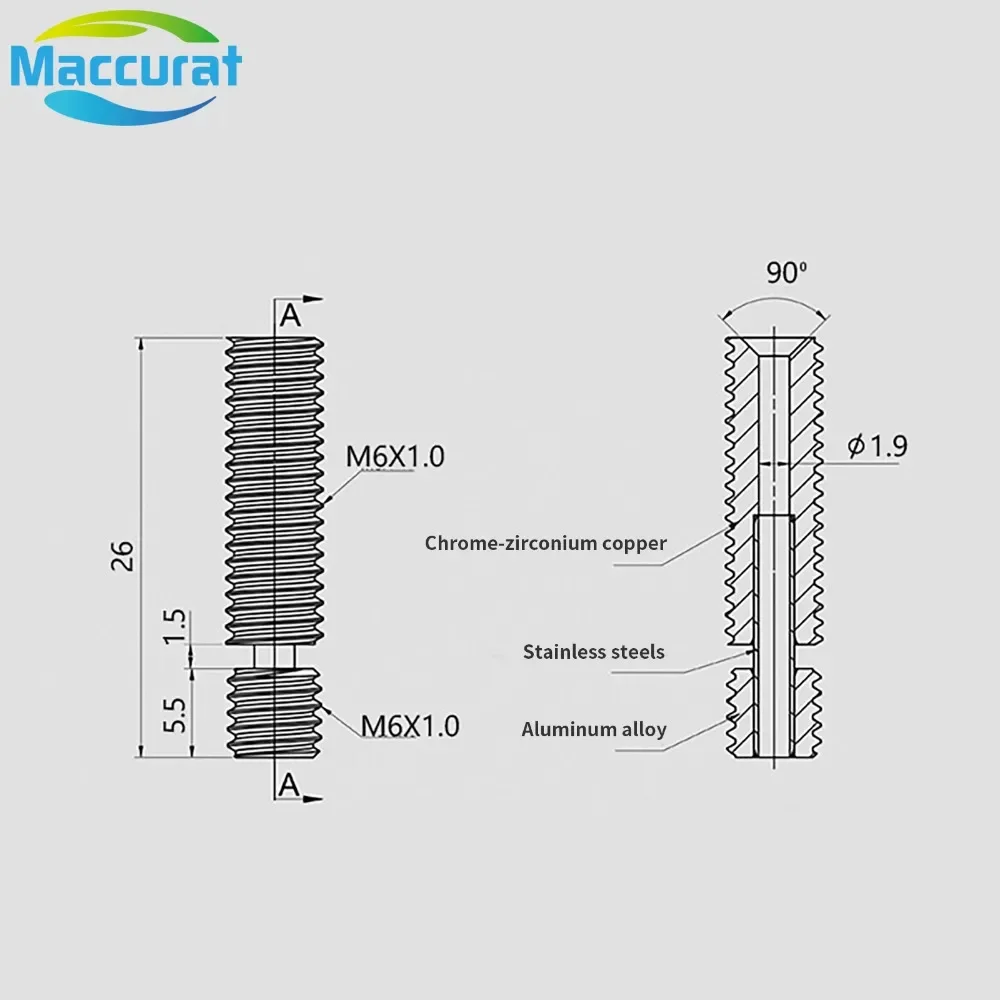 MK8 Throat Copper Titanium Alloy Heat Break Throat 1.75mm Filament MK8 Hotend M6 *26mm Bi-metal 3D Printers Accessories view 2