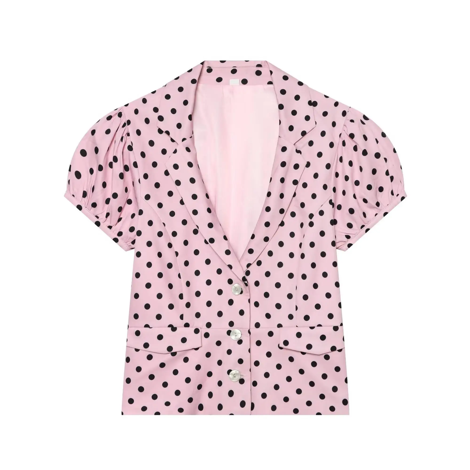 TFMLN 2026 Sommer Damen Kurzarm-Jacke Neu Rosa Gepunktet Schick Tiefer V-Ausschnitt Slim Fit Mantel Modisch Urlaub Lässig – Detail 2