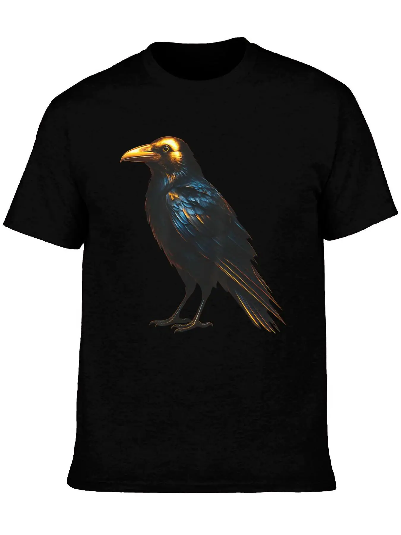 

Black T-Shirt with Vibrant Crow Illustration Golden Yellow Beak Iridescent Blue Feathers Regal Raven Design Perfect for Bird