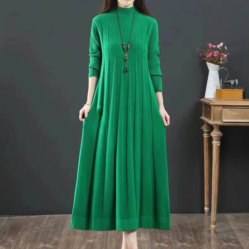 Loose Pullover Dress Middle-long Women's Sweater Half Turtleneck Warm Knitting Mother Clothing Fall Winter Bottom Wear Sweater