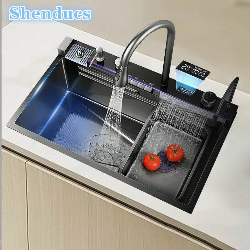 

Smart 304 Stainless Steel Kitchen Sink with Pull Out Waterfall Kitchen Faucets Soap Dispenser Cup Washer Digital Kitchen Sinks
