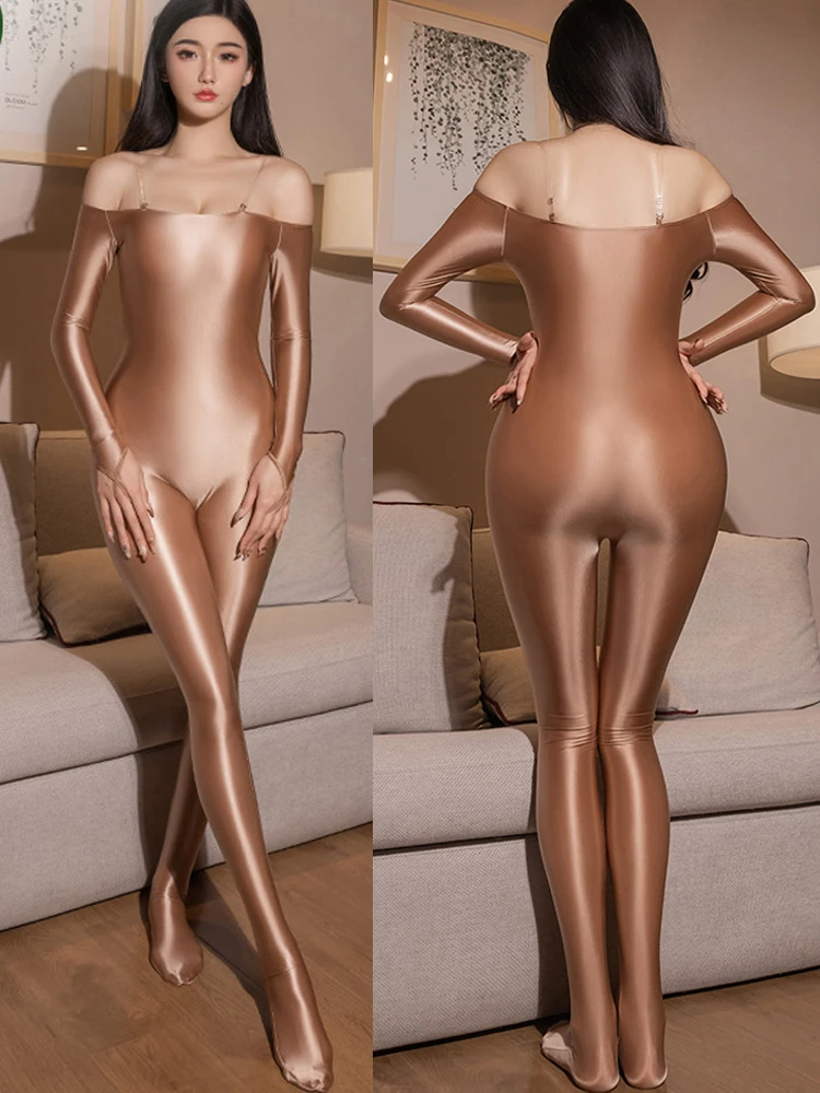 Glossy Shiny Long Sleeve Bodysuit Off Collar Pantyhose Bodystocking Catsuit Tights Sexy Leotard Conjoined Lingerie Jumpsuit Body