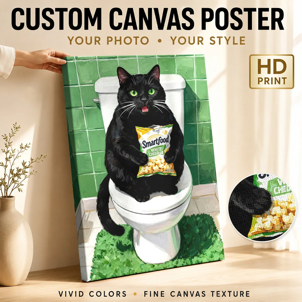 Cat with Popcorn on Toilet Canvas Poster Custom Photo Funny Animal Wall Paintings Decoration for Kids Room Gift for Collectors