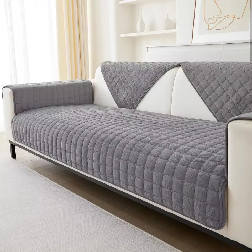 Flannel Plaid Sofa Cover Universal Non-slip Thickened Living Room Decor Velvet Sofa Backrest Cover Plush Dustproof Seat Cushion