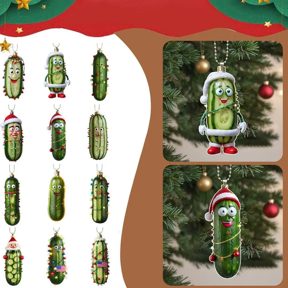 Cucumber Christmas Tree Decorations 2D Pickle Ornaments Christmas Decorations Cute Acrylic Pendants for Holiday Home 1/12Pcs