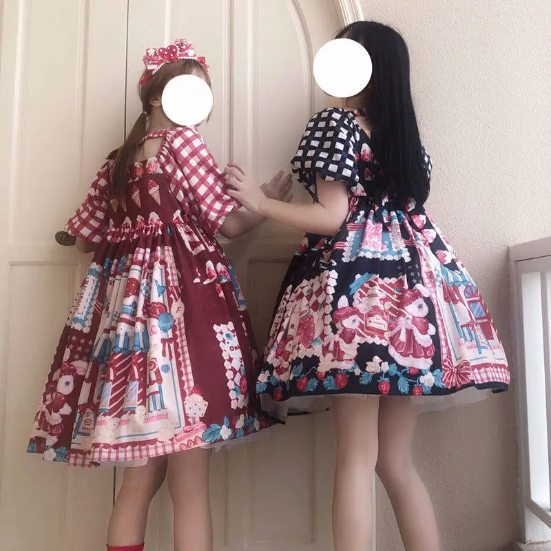 Robe OP à carreaux Sweet Lolita Kawaii pour filles, dessin animé mignon, imprimé lapin, manches courtes, robes de soirée japonaises, été