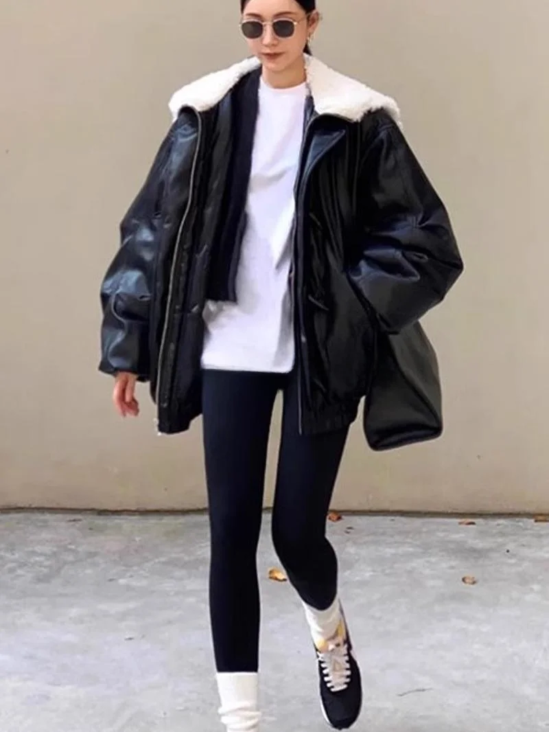 

ROUJE KEFSS Women's Loose Fit Duck down Jacket with Horn Buttons Leather Jacket Style Autumn Winter Outerwear Coat