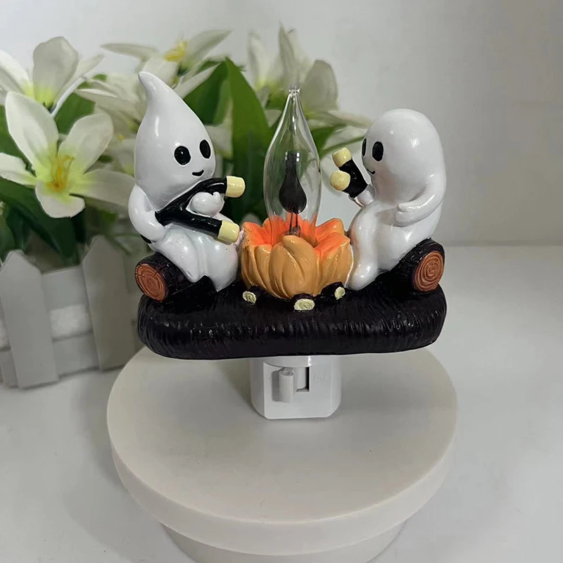 110V US Plug In Night Light Halloween Ghost Pumpkin Night Light Fashionable Ghost Campfire Nightlight Ghost Campfire Flickering